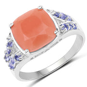 Bids.com 3.97 Carat Genuine Peach Moonstone and Tanzanite .925 Sterling Silver Ring Rings