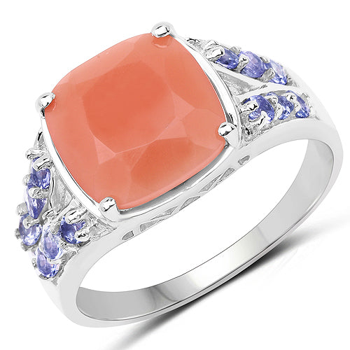 Bids.com 3.97 Carat Genuine Peach Moonstone and Tanzanite .925 Sterling Silver Ring Rings
