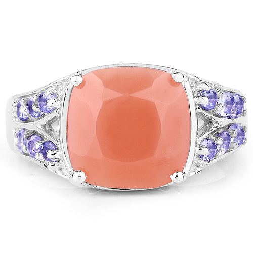 Bids.com 3.97 Carat Genuine Peach Moonstone and Tanzanite .925 Sterling Silver Ring Rings