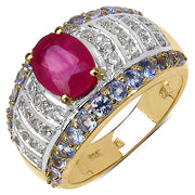 Bids.com 14K Yellow Gold Plated 3.02 Carat Genuine Ruby, Tanzanite & White Topaz .925 Sterling Silver Ring Rings
