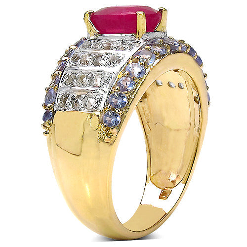 Bids.com 14K Yellow Gold Plated 3.02 Carat Genuine Ruby, Tanzanite & White Topaz .925 Sterling Silver Ring Rings