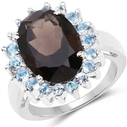 Bids.com 6.79 Carat Genuine Smoky Quartz & Blue Topaz .925 Sterling Silver Ring Rings