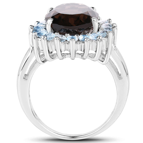 Bids.com 6.79 Carat Genuine Smoky Quartz & Blue Topaz .925 Sterling Silver Ring Rings
