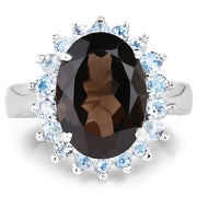 Bids.com 6.79 Carat Genuine Smoky Quartz & Blue Topaz .925 Sterling Silver Ring Rings