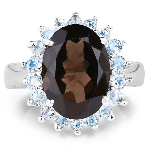 Bids.com 6.79 Carat Genuine Smoky Quartz & Blue Topaz .925 Sterling Silver Ring Rings