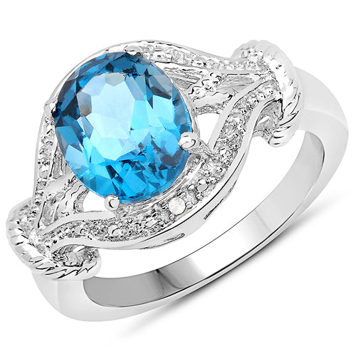 Bids.com 3.26 Carat Genuine London Blue Topaz & White Diamond .925 Sterling Silver Ring Rings