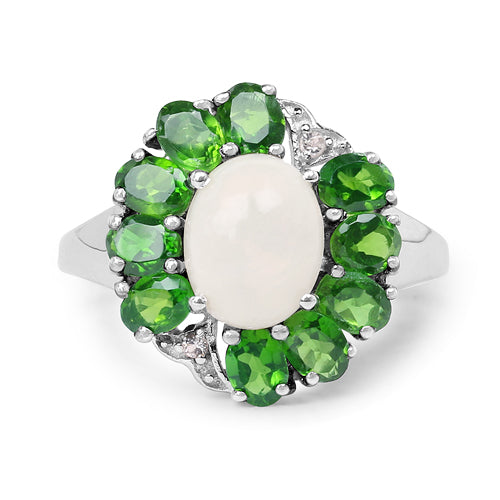 Bids.com 2.93 Carat Genuine Ethiopian Opal, Chrome Diopside & White Topaz .925 Sterling Silver Ring Rings