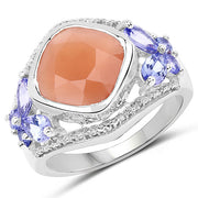 Bids.com 4.67 Carat Genuine Peach Moonstone and Tanzanite .925 Sterling Silver Ring Rings