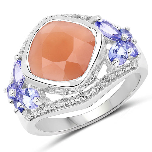 Bids.com 4.67 Carat Genuine Peach Moonstone and Tanzanite .925 Sterling Silver Ring Rings