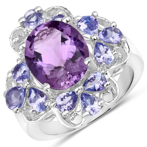 Bids.com 4.88 Carat Genuine Amethyst and Tanzanite .925 Sterling Silver Ring Rings