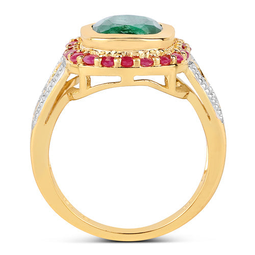 Bids.com 14K Yellow Gold Plated 4.80 ct. t.w. Dyed Emerald and Ruby Ring in Sterling Silver Rings