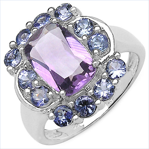Bids.com 3.30 Carat Genuine Amethyst and Tanzanite .925 Sterling Silver Ring Rings