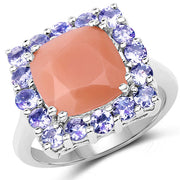 Bids.com 6.70 Carat Genuine Peach Moonstone and Tanzanite .925 Sterling Silver Ring Rings