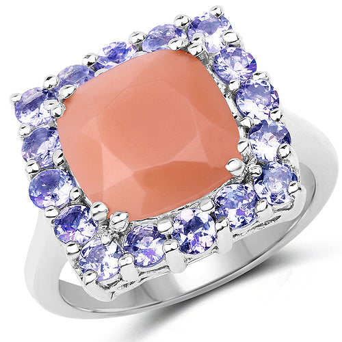 Bids.com 6.70 Carat Genuine Peach Moonstone and Tanzanite .925 Sterling Silver Ring Rings