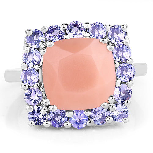 Bids.com 6.70 Carat Genuine Peach Moonstone and Tanzanite .925 Sterling Silver Ring Rings