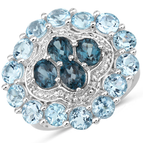 Bids.com 6.54 Carat Genuine London Blue Topaz, Blue Topaz and White Topaz .925 Sterling Silver Ring Rings