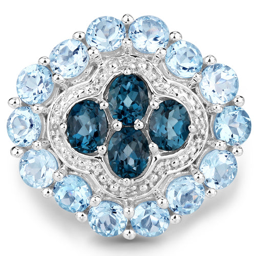 Bids.com 6.54 Carat Genuine London Blue Topaz, Blue Topaz and White Topaz .925 Sterling Silver Ring Rings