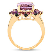 Bids.com 14K Yellow Gold Plated 5.25 Carat Genuine Amethyst, Rhodolite and Blue Diamond .925 Sterling Silver Ring Rings