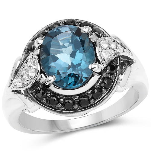 Bids.com 4.27 Carat Genuine London Blue Topaz, Black Spinel & White Topaz .925 Sterling Silver Ring Rings