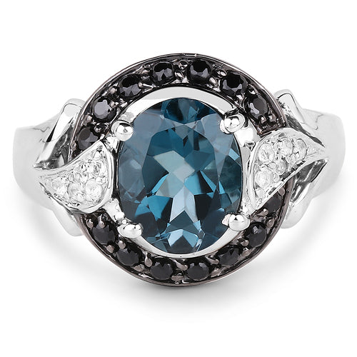 Bids.com 4.27 Carat Genuine London Blue Topaz, Black Spinel & White Topaz .925 Sterling Silver Ring Rings