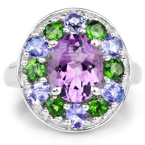 Bids.com 3.89 Carat Genuine Amethyst, Tanzanite & Chrome Diopside .925 Sterling Silver Ring Rings