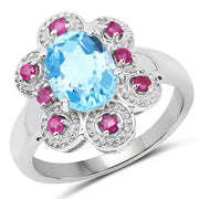 Bids.com 2.28 Carat Genuine Swiss Blue Topaz and Ruby .925 Sterling Silver Ring Rings