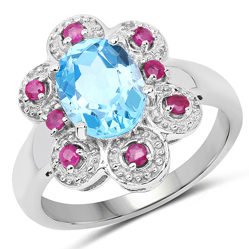 Bids.com 2.28 Carat Genuine Swiss Blue Topaz and Ruby .925 Sterling Silver Ring Rings