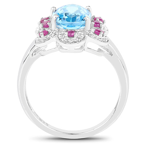 Bids.com 2.28 Carat Genuine Swiss Blue Topaz and Ruby .925 Sterling Silver Ring Rings
