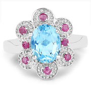 Bids.com 2.28 Carat Genuine Swiss Blue Topaz and Ruby .925 Sterling Silver Ring Rings