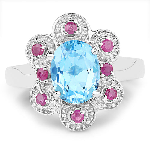 Bids.com 2.28 Carat Genuine Swiss Blue Topaz and Ruby .925 Sterling Silver Ring Rings