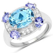 Bids.com 4.13 Carat Genuine Swiss Blue Topaz, Tanzanite & White Topaz .925 Sterling Silver Ring Rings