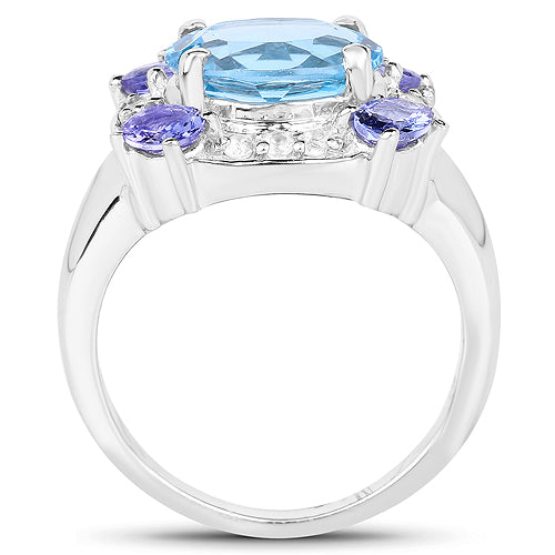 Bids.com 4.13 Carat Genuine Swiss Blue Topaz, Tanzanite & White Topaz .925 Sterling Silver Ring Rings