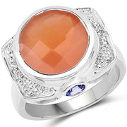 Bids.com 5.99 Carat Genuine Peach Moonstone, Tanzanite and White Topaz .925 Sterling Silver Ring Rings