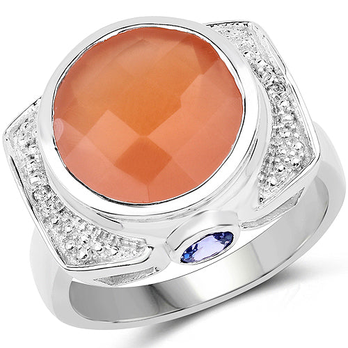 Bids.com 5.99 Carat Genuine Peach Moonstone, Tanzanite and White Topaz .925 Sterling Silver Ring Rings