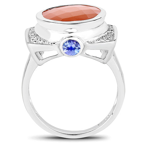 Bids.com 5.99 Carat Genuine Peach Moonstone, Tanzanite and White Topaz .925 Sterling Silver Ring Rings