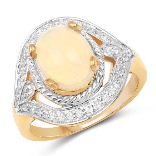 Bids.com 14K Yellow Gold Plated 1.88 Carat Genuine Ethiopian Opal and White Topaz .925 Sterling Silver Ring Rings