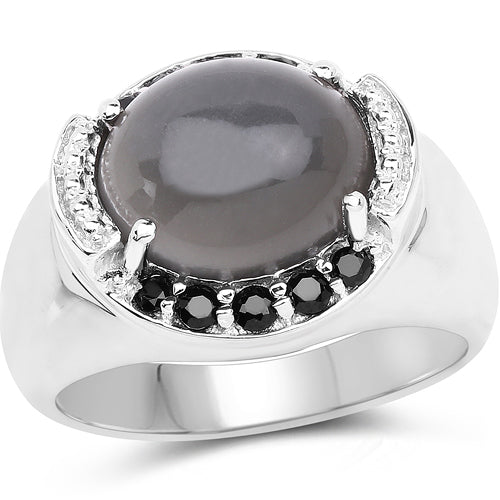 Bids.com 5.68 Carat Genuine Grey Moonstone & Black Spinel .925 Sterling Silver Ring Rings