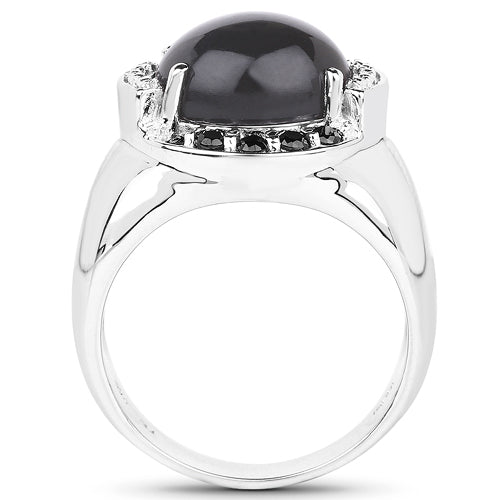 Bids.com 5.68 Carat Genuine Grey Moonstone & Black Spinel .925 Sterling Silver Ring Rings