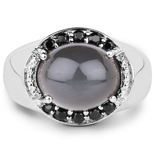 Bids.com 5.68 Carat Genuine Grey Moonstone & Black Spinel .925 Sterling Silver Ring Rings