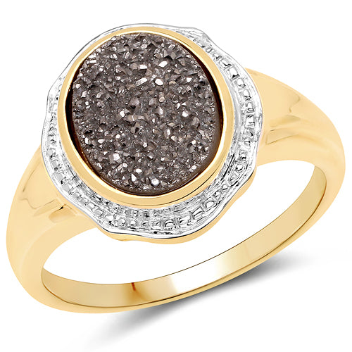 Bids.com 14K Yellow Gold Plated 4.50 Carat Genuine Drusy Quartz .925 Sterling Silver Ring Rings