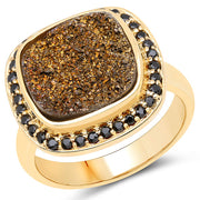 Bids.com 14K Yellow Gold Plated 6.19 Carat Genuine Drusy Quartz and Black Spinel .925 Sterling Silver Ring Rings