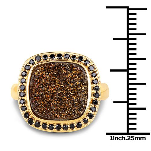 Bids.com 14K Yellow Gold Plated 6.19 Carat Genuine Drusy Quartz and Black Spinel .925 Sterling Silver Ring Rings