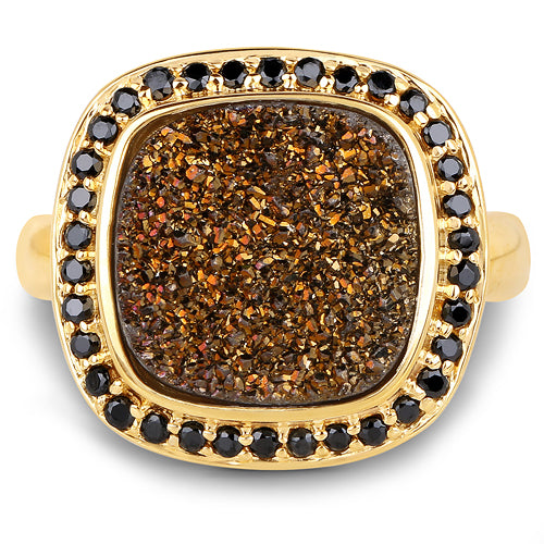 Bids.com 14K Yellow Gold Plated 6.19 Carat Genuine Drusy Quartz and Black Spinel .925 Sterling Silver Ring Rings