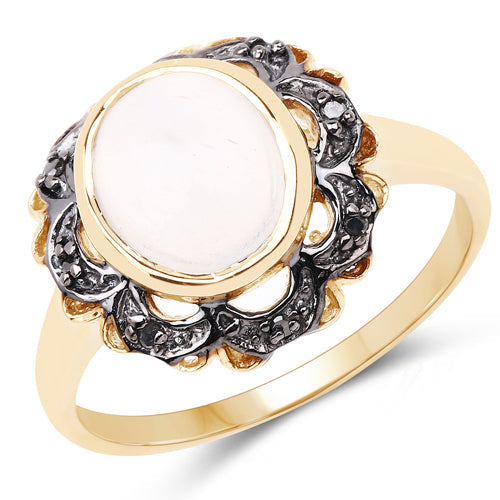 Bids.com 3.04 Carat Genuine White Moonstone and Black Diamond .925 Sterling Silver Ring Rings