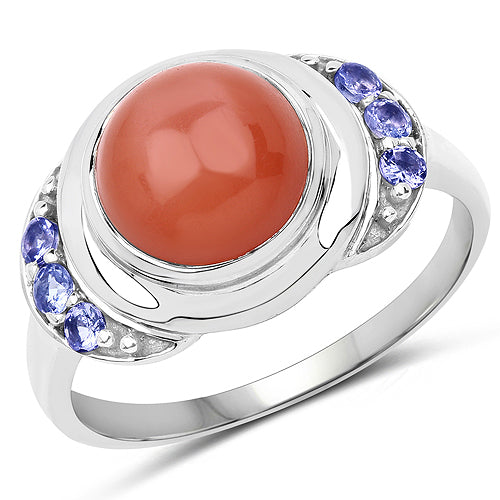 Bids.com 3.01 Carat Genuine Peach Moonstone and Tanzanite .925 Sterling Silver Ring Rings