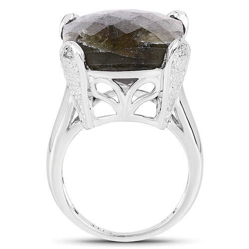 Bids.com 17.17 Carat Genuine Labradorite and White Topaz .925 Sterling Silver Ring Rings
