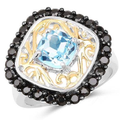 Bids.com Two Tone Plated 2.85 Carat Genuine Swiss Blue Topaz and Black Spinel .925 Sterling Silver Ring Rings
