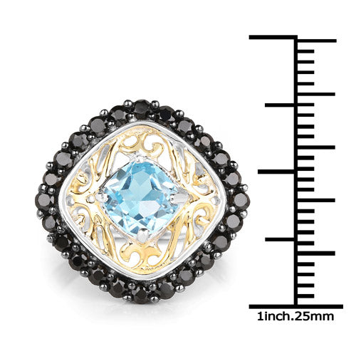 Bids.com Two Tone Plated 2.85 Carat Genuine Swiss Blue Topaz and Black Spinel .925 Sterling Silver Ring Rings