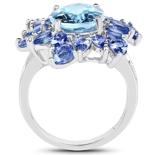 Bids.com 6.52 Carat Genuine Blue Topaz & Tanzanite .925 Sterling Silver Ring Rings