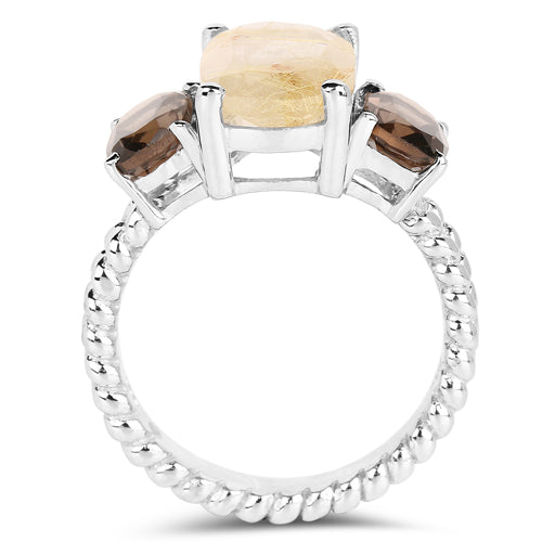Bids.com 5.75 Carat Genuine Golden Rutile & Smoky Quartz .925 Sterling Silver Ring Rings